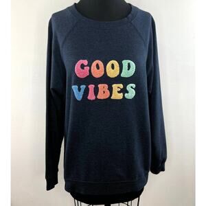 WILDFOX Navy Blue Good Vibes Embroidered Oversized Crew Sweatshirt Pullover S